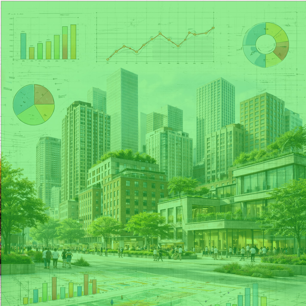 Urban streetscape with overlayed graphs and charts