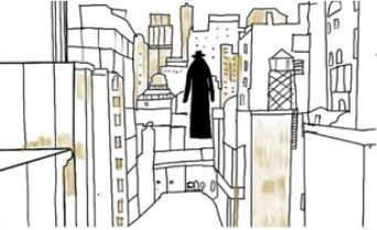 Black image of a cloaked man in hat floating in the outline of an urban area.